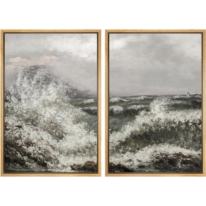 Cresting Waves Dynamic Seascapes in Monocha Nature Wilderness Illustration Rustic Decor, Naturel, H 24 po x l 16 po