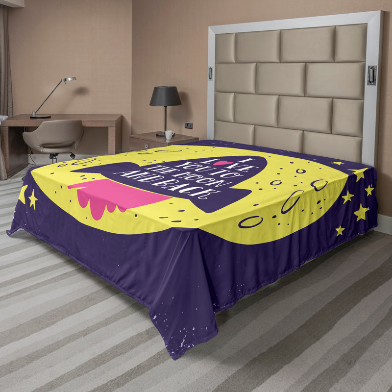 Drap plat Ambesonne Saying Top Rocket Space Moon Love - Indigo jaune, Drap plat de taille double