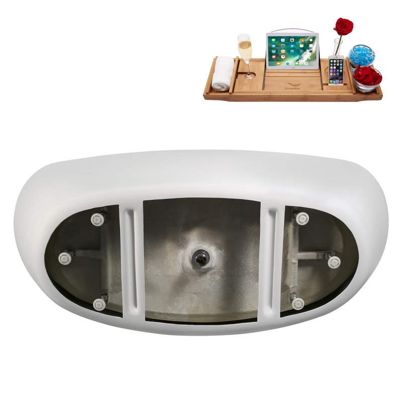 75" Streamline Soaking Glossy White Acrylic Freestanding Bathtub, Bamboo Tray, Drain, Brushed Brass