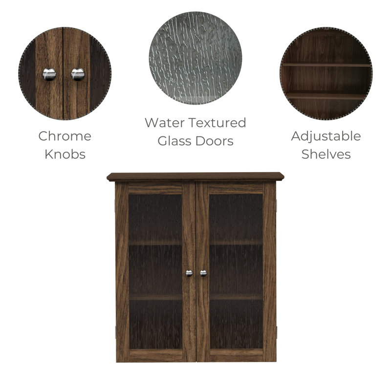 Removable Two-Door Wall Cabinet with Water-Textured Glass and Adjustable Shelves, Walnut