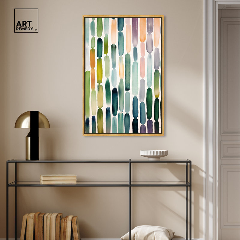 «Greenery Raindrops», art mural abstrait vert par Art Remedy, Cadre doré, H 16 po x l 11 po