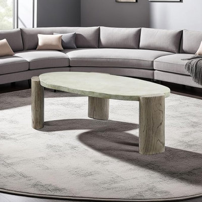  Table basse de 47 pouces de forme ovale avec plateau en ciment gris lisse et brun chêne