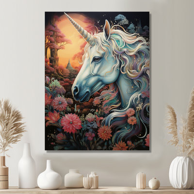 White Unicorn In Blossoming Magical Forest - Unicorns Wall Art Decor