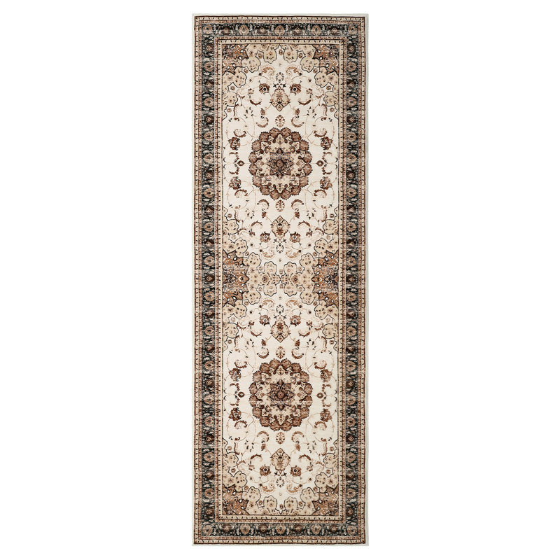Washable Area Rug, Vintage Medallion Low Pile Non Slip Foldable Indoor Carpet, TPR Backing, Natural Tone, 2'x6', Brown