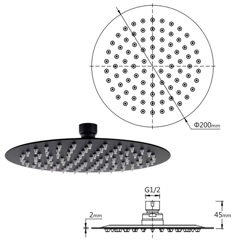 Rain Shower Head, Matte Black
