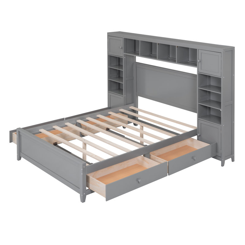  Wooden Bed with All-in-One Cabinet, Built-in Shelf, Practical Design for Maximum Storage Efficiency, Grey