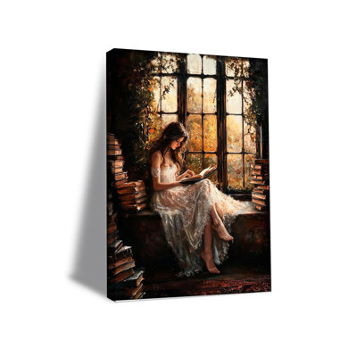 Victorienne, femme, lecture, art mural foncé, décoration murale, affiche Moody, affiche rétro, classique, fille, lecture, fenêtre, impressions sur toile, peinture, image, cadeau pour la bibliothèque, salon, 16 x 24 pouces, encadré