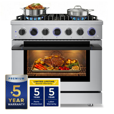 Hauslane 36" Gas Range In Stainless Steel | 6 Burners Up To 20,000 Btus | 5.2 Cu. Ft. Convection Oven With 5 Rack Positions | Convertible Ng/Lp | Cool-Touch Triple-Layer Door Matte Black