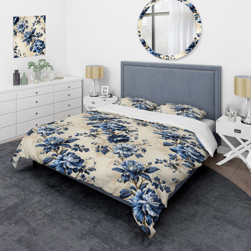 Ensemble de housse de couette V à motif ornemental bleu, Housse de couette simple + 1 taie décorative stan