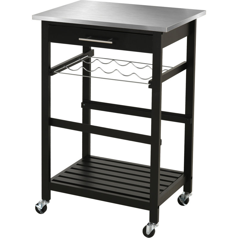 Chariot pour îlot de cuisine à roulettes - Plateau en acier inoxydable avec tiroir et support à vin pour rangement compact