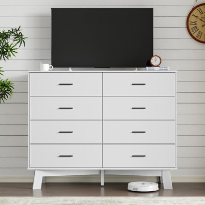 Commode 8 tiroirs de 37 po de hauteur, commode moderne avec base en forme de X et pieds centraux réglables, poignées en métal, conception anti-basculement, organisateur de garde-robe large et rangement, blanc