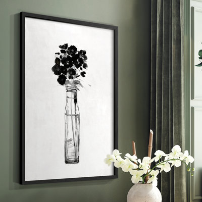 Impression florale noire et blanche sophistiquée I - bois massif