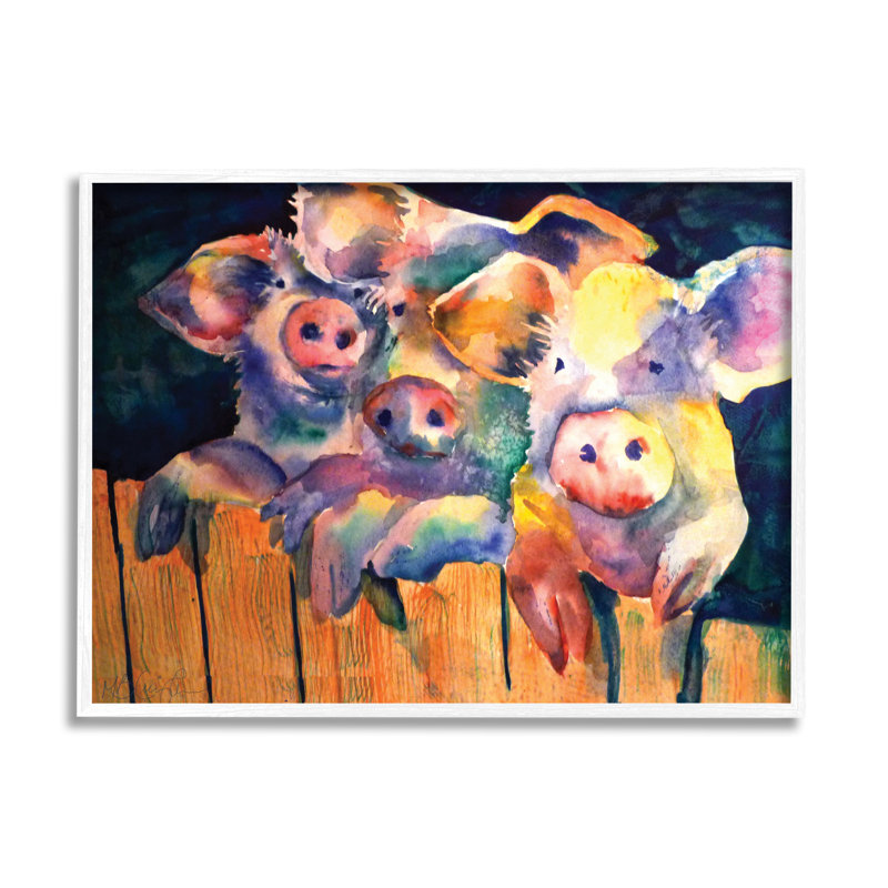 Three Pigs Peeking Fence Vibrant Modern Design par MB Cunningham - Peinture, H 24 po x l 30 po x P 1,5 po