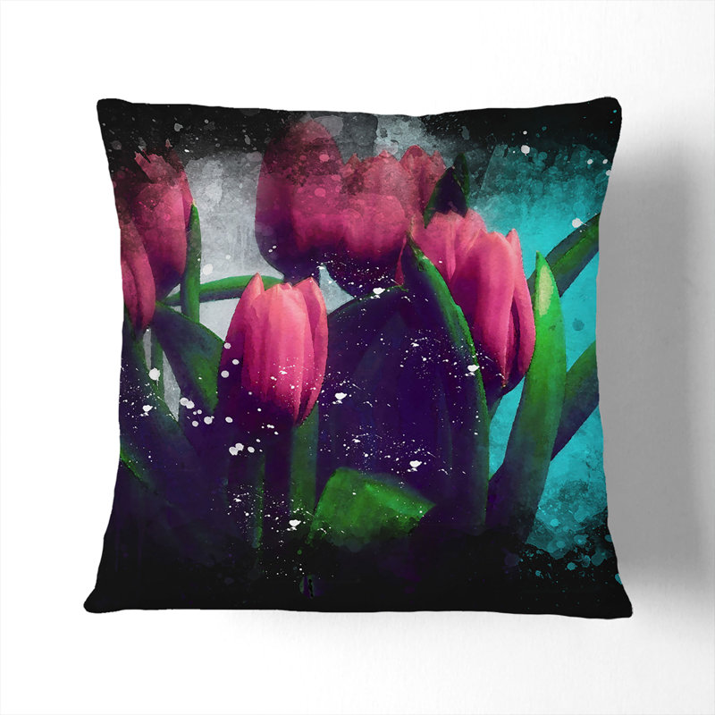 Bouquet of Red Tulips Cushion with Filling, 40cm H x 40cm W x 15cm D, Black