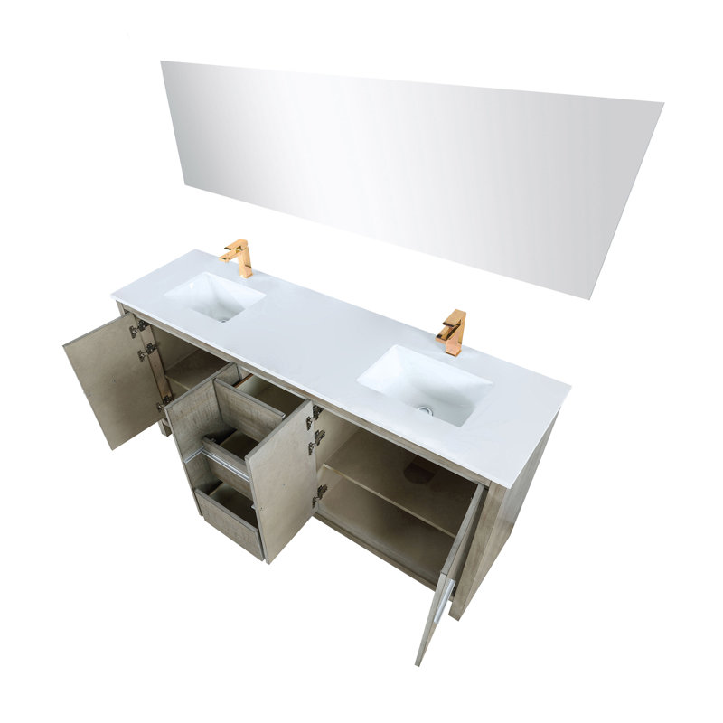 Ensemble de miroir et meuble-lavabo double l 72 po x P 20 po Lafarre, Acacia rustique, Quartz blanc