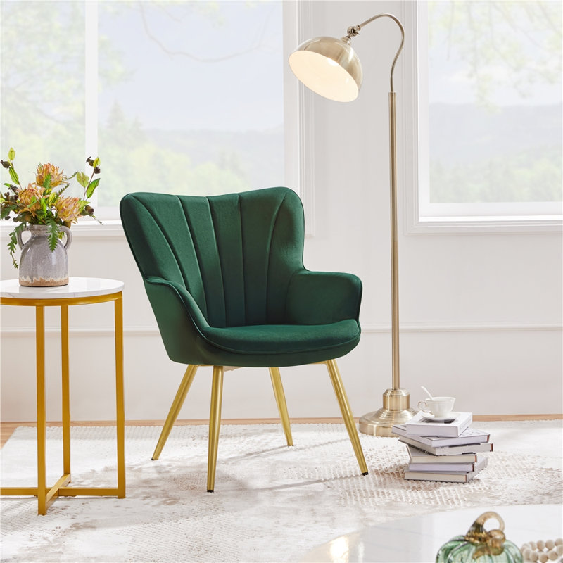 Bakhyt 25" Wide Upholstered Curved Back Armchair, Green Velvet, Gold