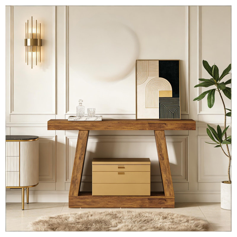 Console à deux niveaux en brun foncé, canapé d'entrée de 55 pouces avec tablette inférieure pour le salon et le couloir