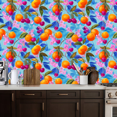 Peel and Stick Wallpaper Seamless Vibrant Fruits Flowers Blue Leaves Light Contact Paper Removable Self Adhesive Wall Mural Wall Decor for Bedroom Kitchen Cabinets 17.7in x 118in