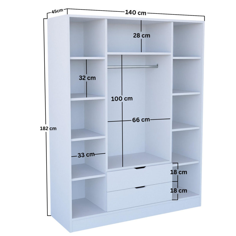 Modern White Wardrobe with Numerous Shelves, 55.1 x 71.7 x 17.7 inches | 100% Melamine Coated Particle Board, Thickness: 0.7 inches | Wall-Mountable Design, Sleek & Functional Storage Solution for Any Room