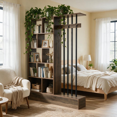 71 in. Black & Brown Wall Room Divider with Storage Shelves and Coat Hooks for Bedroom, Entrance, Living Room