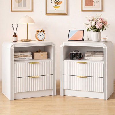Set Of 2 Mid-Century Modern Fluted Nightstands With Charging Station, 19.7" Wide Curved Wood Bedside Tables, 2-Drawers, White