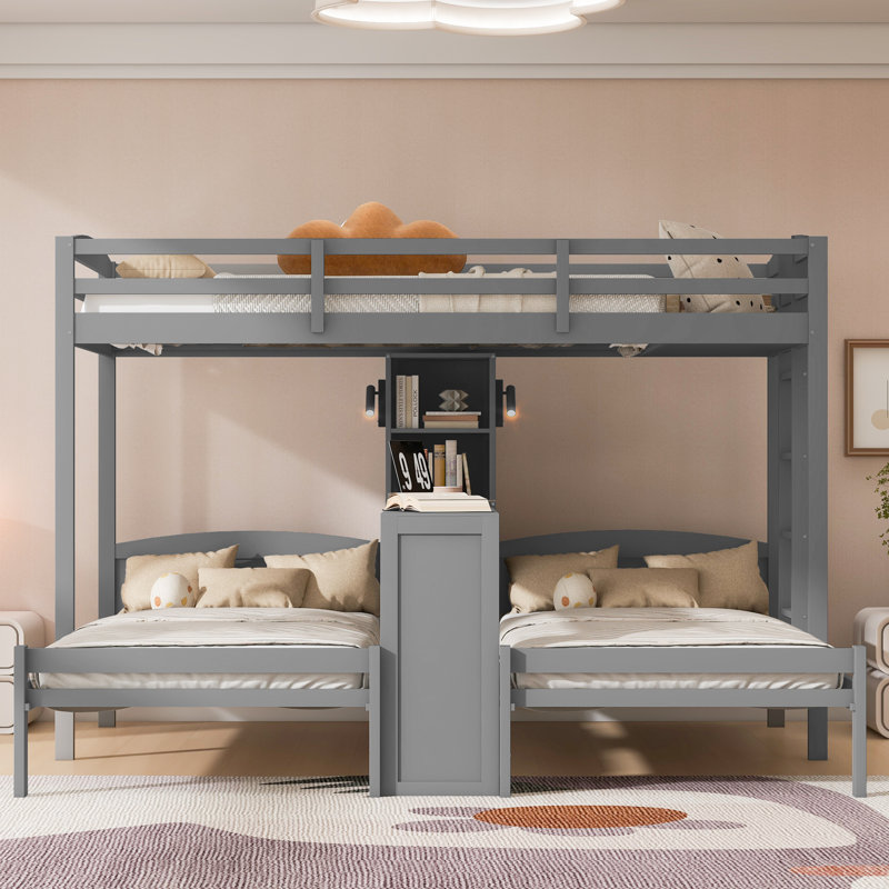 Lit superposé simple au-dessus de simple et simple avec bureau intégré et tablettes de rangement, lampe de lecture, 3 lits en 1, gris