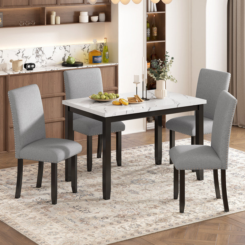 5-Piece Faux Marble Dining Set with 4 Padded Chairs, Modern Kitchen Table and Chair Set for Dining Room, Gray, White/Black