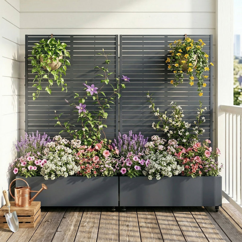 6 ft. H x 4 ft. W Metal Planter Box privacy screen Garden Bed with Trellis and Wheels - Gray, 73" H x 47" W x 16" D