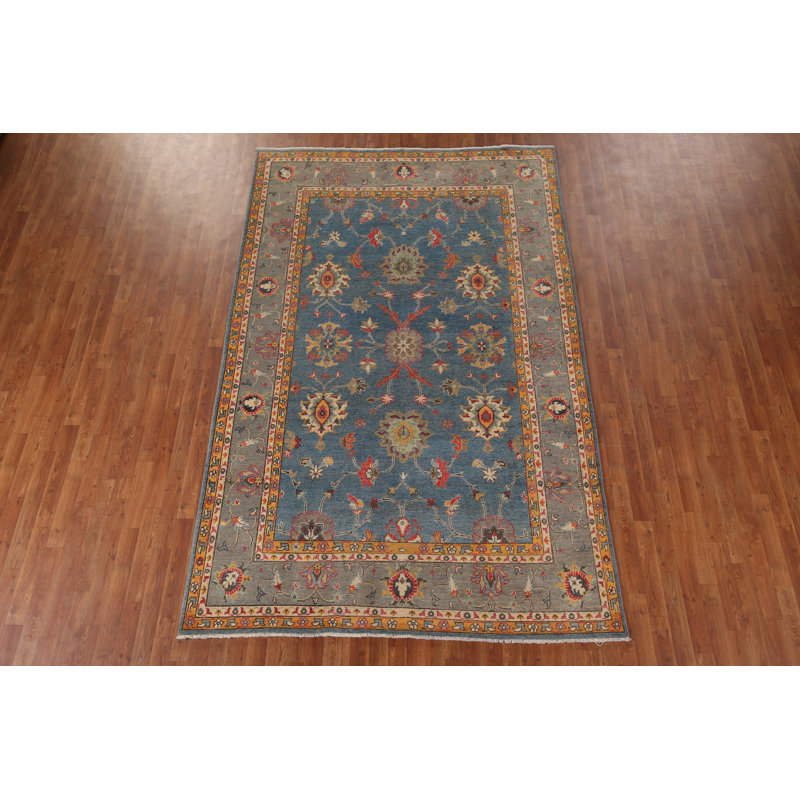 Tapis oriental bleu à motif floral Oushak 7 x 10