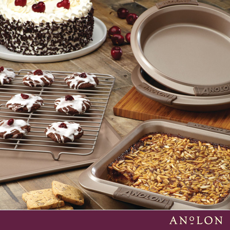 Anolon Advanced Nonstick Bakeware / Baking Set with Silicone Grips, Bronze, 5-Piece Set (3 Cake Pans, 1 Cookie Sheet, 1 Rack)