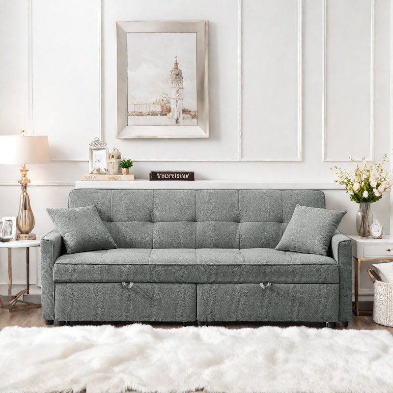 3 In 1 Convertible Sleeper Sofa Bed With Reclining Backrest, Pillows And Side Pockets, Gray