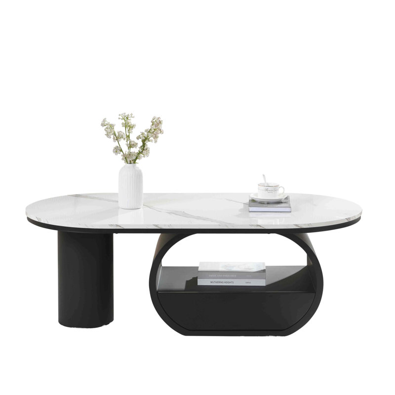 Table basse ovale Luxury, Blanc, Noir, Marbre