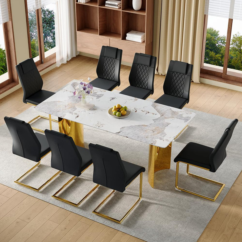 Ensemble de table de salle à manger rectangulaire de 71 po pour 8 personnes comprenant un plateau en faux marbre et des chaises en cuir de polyuréthane. Cet ensemble de salle à manger de 9 pièces convient aux maisons, aux restaurants et aux espaces de bureau.