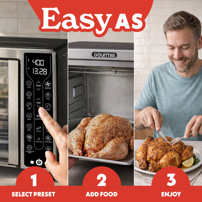 Gourmia 26 Quart French Door Digital Air Fryer Toaster Oven with 17 Presets, FryForce 360° Technology, Dishwasher-Safe Accessories, Stainless Steel