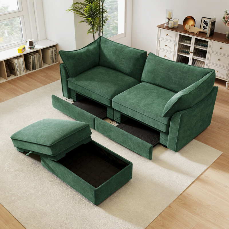 Causeuse avec tiroirs de rangement escamotables, canapé 2 places avec 1 repose-pieds mobile pour l'intérieur, Vert