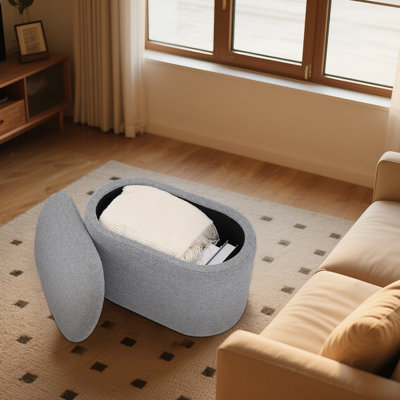 Upholstered 26" Oval Linen Storage Bench End Footrest Seating Ottoman