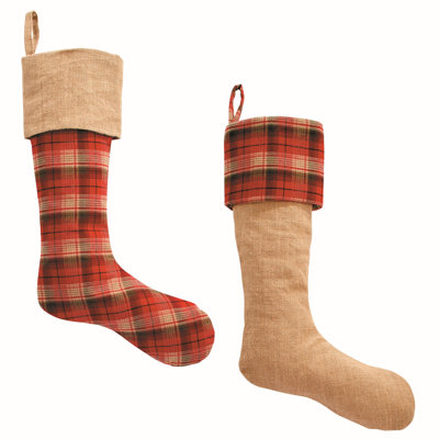 Plaid and Burlap Flannel Holiday Stockings in Red and Moss, Set of 2