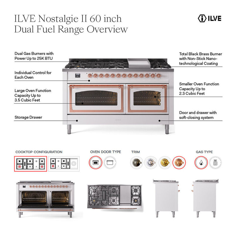 ILVE Nostalgie II 60 in Dual Fuel Range, 7 Burner, Griddle, Frenchtop, Graphite Matte/Chrome, Liquid Propane