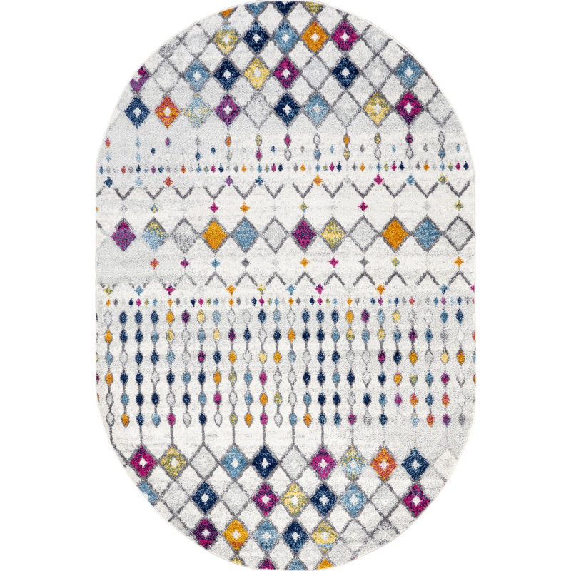 Tapis marocain clair tissé à la machine ivoire, beige, gris, bleu, orange et magenta Clair, Rectangle 3 pi x 5 pi