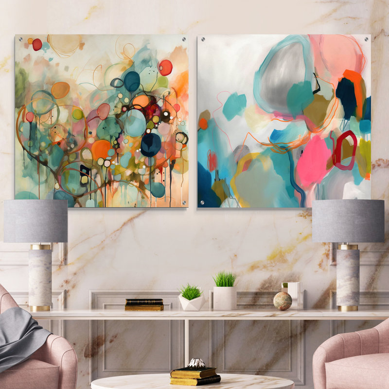 «Pink Blue Minimalims Fludity I», ensemble de 2 verres muraux abstraits en acrylique, H 16 po x l 33 po