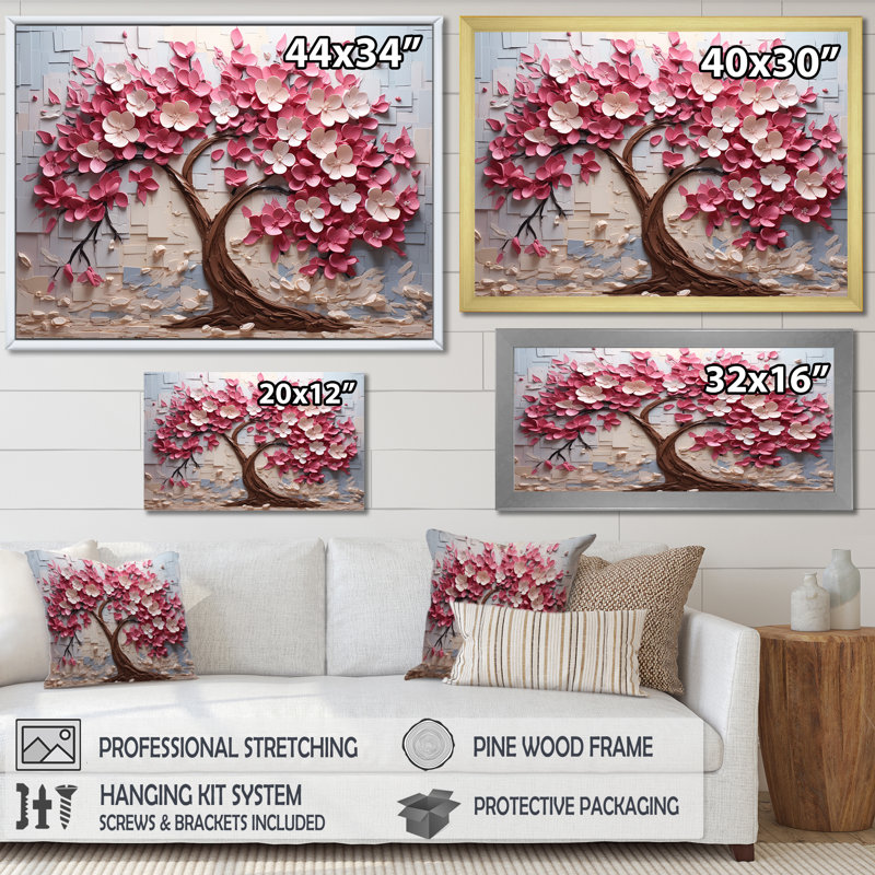 Orchidée rose et blanche, branches II - art mural arbre, Cadre doré à coins fermés, H 16 po x l 32 po x P 1 po
