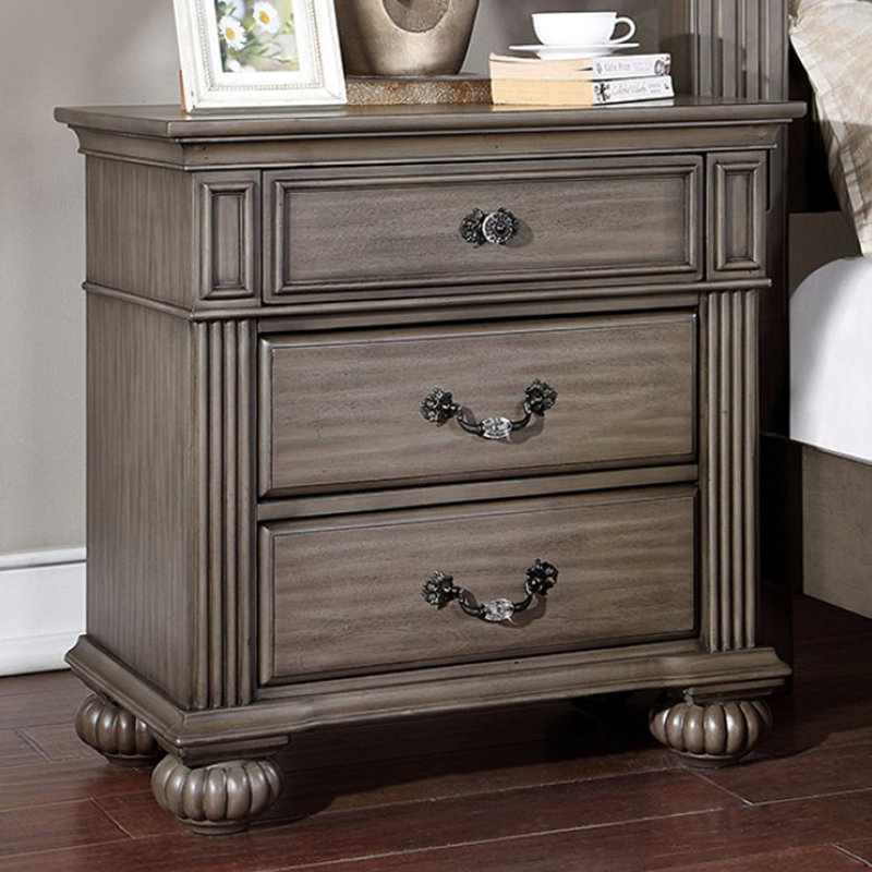 3 tables de chevet en bois massif gris avec glissières en métal, poignées en laiton antique et décor en acrylique pour la chambre à coucher 3 tiroirs, poignées en bronze