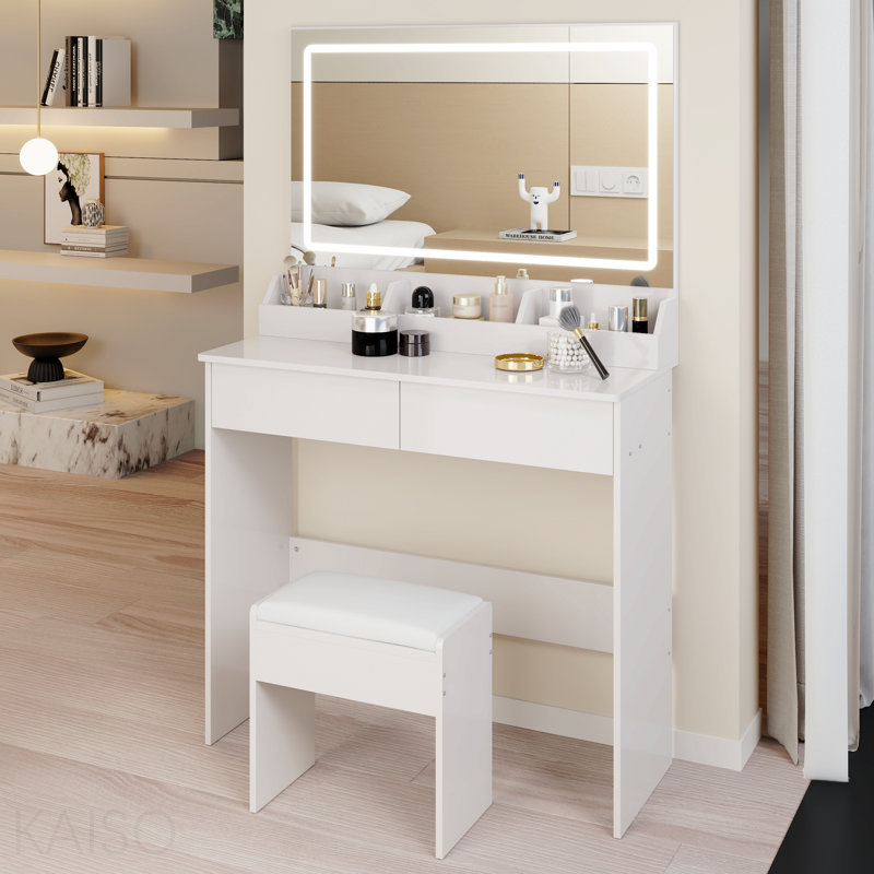 31" X 20" Extra Large Led Mirror Makeup Vanity Table + Soft Cushion Stool Suit, Touch Switch, 3 Colors, Adjustable Brightness, Large Capacity Storage, Compact Dressing Table Suitable For Small Space