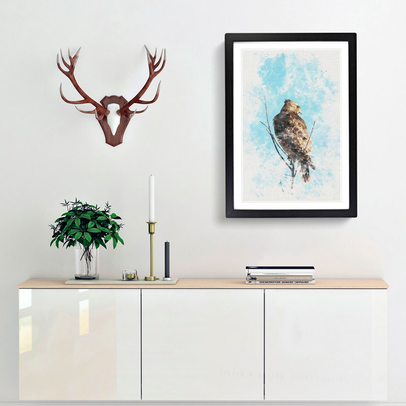 Hawk Perched In A Tree Watercolour - Picture Frame Graphic Art, 45cm H x 33cm W x 2cm D, Black Framed