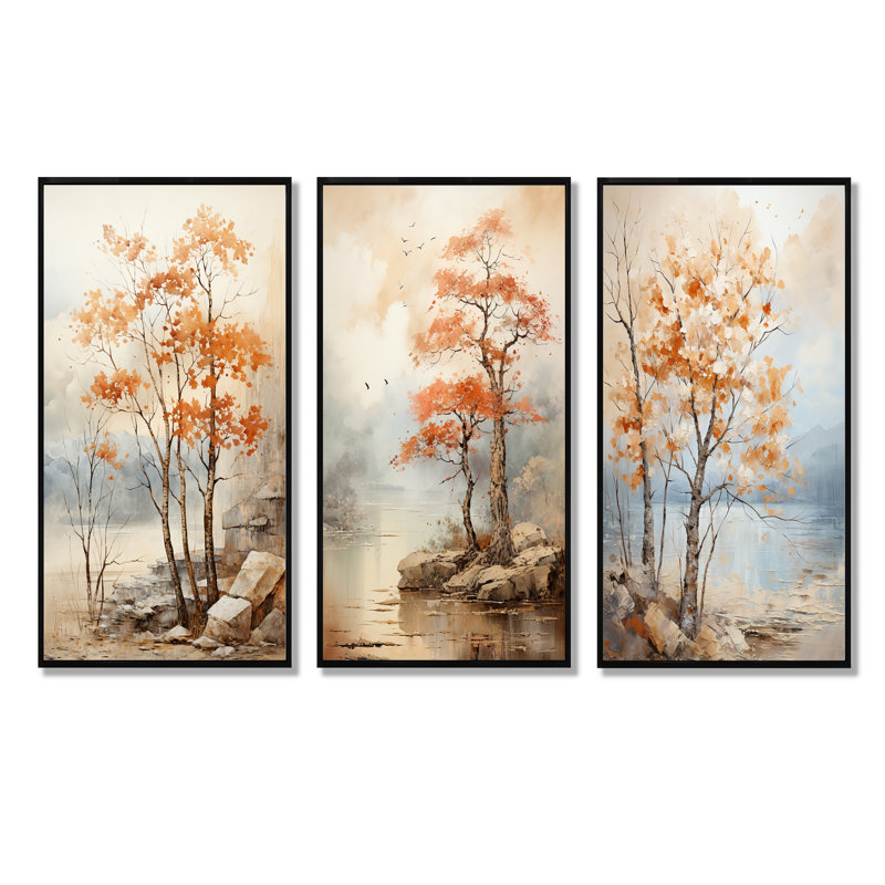 «Beige Tones Maple Tree», ensemble d'art mural sur toile 3 pièces, H 28 po x l 36 po, Cadre flottant noir