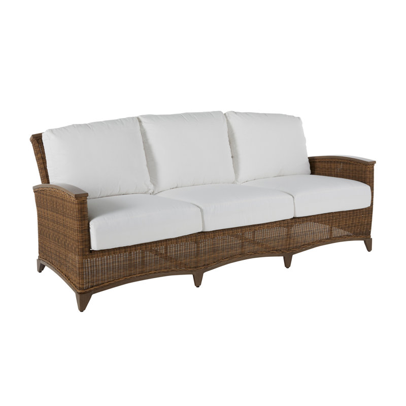 Astoria 85.13" Wide Outdoor Wicker Patio Sofa with Cushions, No Welt + Dream Fill, Bali Pearl, Oyster/Oyster
