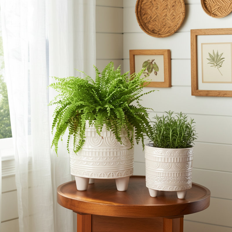 Delsin Ivory Tan Stoneware Ceramic Planter Set with Raised Pattern - Set of 2 (8" & 7")