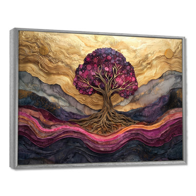 Arbre de vie bourgogne sur pierre, rivière II - art mural arbre de vie pour le salon
