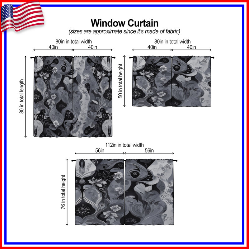 Rideaux obscurcissant à motif floral noir - 2 panneaux, 56in x 76in - 2 panels, Transparent