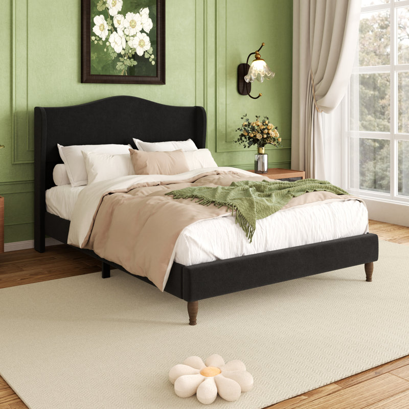 Chenille Upholstered Wingback Platform Bed Frame with Tall Headboard, Black, Queen